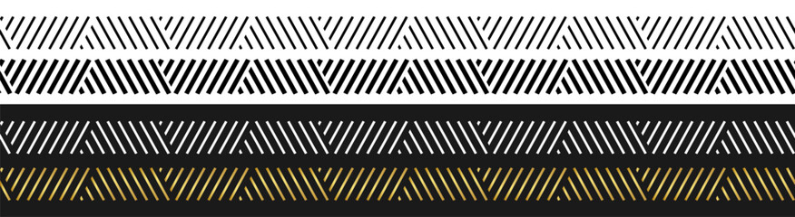 Abstract geometric seamless stripe border pattern with diagonal lines and zigzag ornament on transparent background