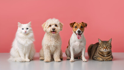 Group of four pets sitting in a row on pink background. White cat, poodle, Jack Russell and tabby cat looking at camera