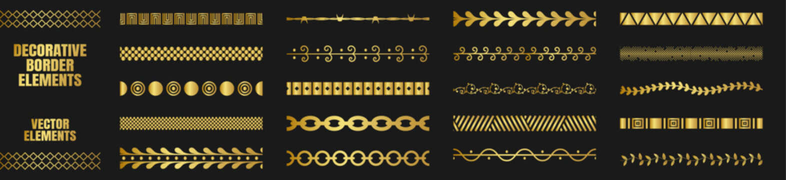 Decorative gold border elements set seamless floral geometric vector ornaments on transparent background