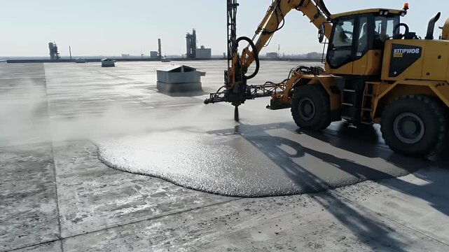 Construction vehicle sprays concrete onto a flat rooftop