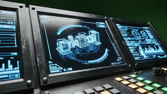 Futuristic control panel with multiple screens displaying data and schematics