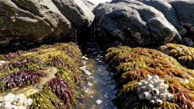 Rocky intertidal zone with rich seaweed and barnacle growth in shallow water