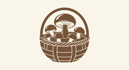 A basket filled with various types of mushrooms viewed from above in a simple illustration style