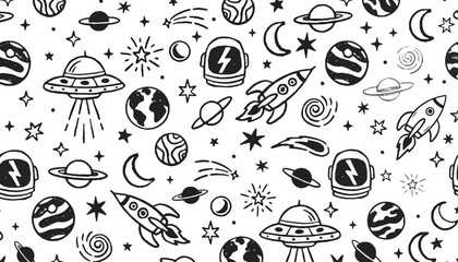 Space scene with UFOs and rockets flying through stars and planets in kDBkc style. © jason