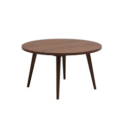 Dark polished walnut mid-century modern circular coffee table with hyper-detailed wood grain and slender tapered legs, isolated on a seamless transparent studio background, minimalist design concept