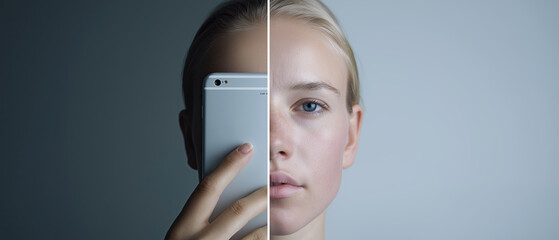Modern smartphone creating artistic dual portrait reflection exploring digital identity.