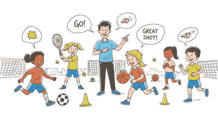 Children playing soccer and basketball with their coach outdoors.