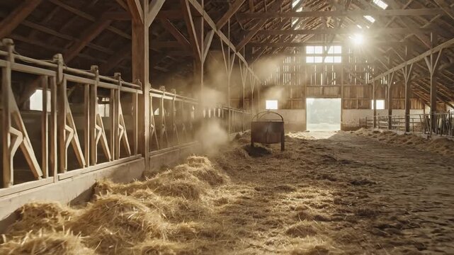 Dust motes dance in sunbeams inside a rustic wooden barn filled with hay