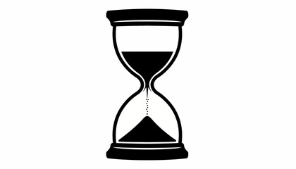 An hourglass sits upright on a flat surface showing sand flowing. © jason