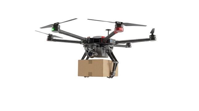 Delivery drone carrying package on transparent background