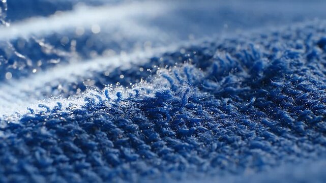 Extreme macro view of blue fabric texture with water droplets and bokeh
