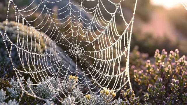 Sunlit dew-covered spider web glistens on delicate foliage at dawn