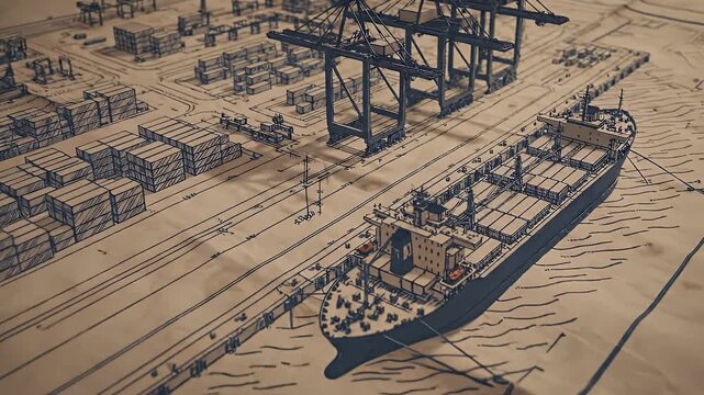 Blueprint sketch of a bustling harbor with a cargo ship and cranes