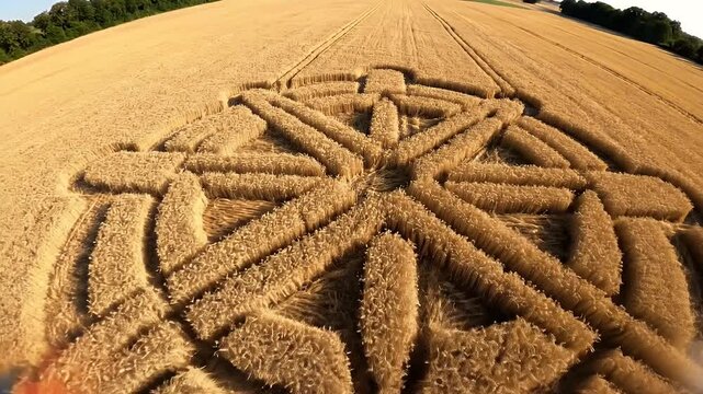 Overhead view of a geometric pattern pressed into a golden wheat field