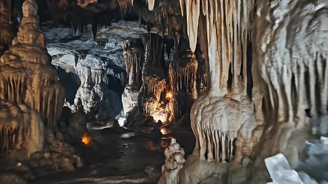 A subterranean cavern illuminated by a shaft of light, revealing diverse formations