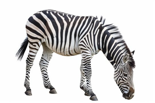 A majestic zebra with striking black and white stripes grazing in a natural setting.
