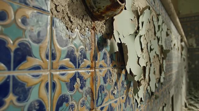 Close up of peeling paint revealing ornate tiles and rusty pipe
