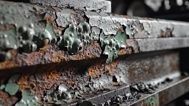 Close-up of peeling paint and rust on a metal surface, showing texture