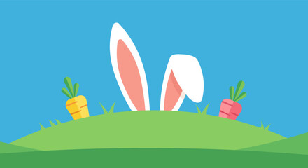 Easter bunny ears peeking over a grassy hill with carrots on a bright blue sky background