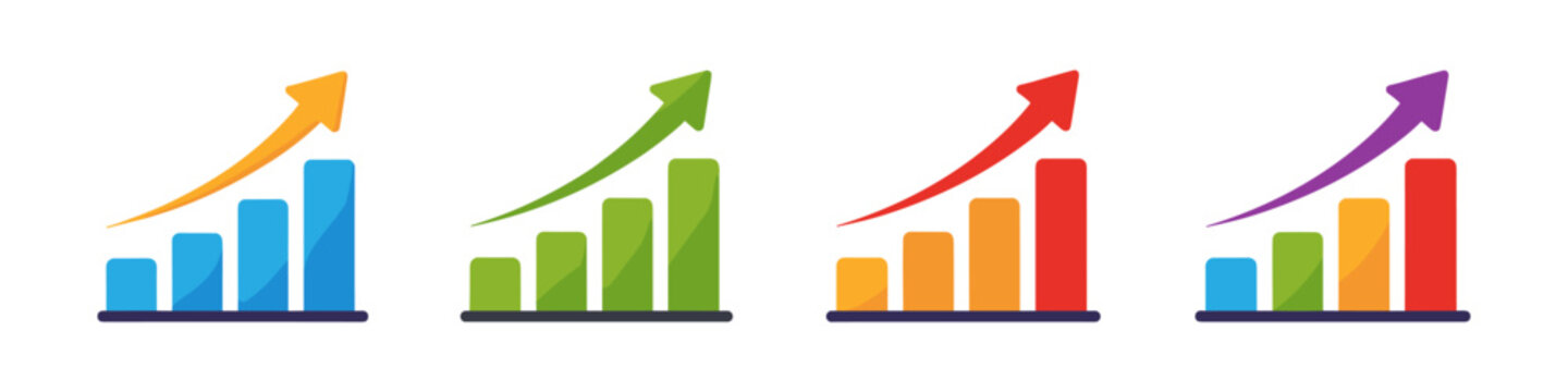 Multiple colorful bar charts with upward trending arrows indicating growth and success