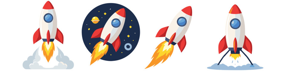 Naklejka premium Collection of cartoon rockets launching into space and taking off from Earth