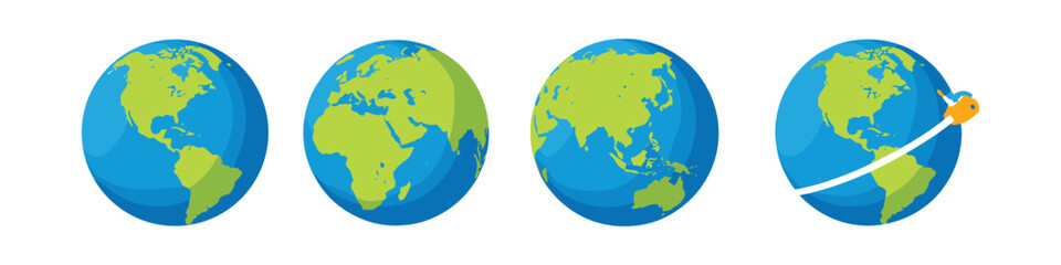 Obraz premium Four cartoon globes showing different continents and a plane flying around the world