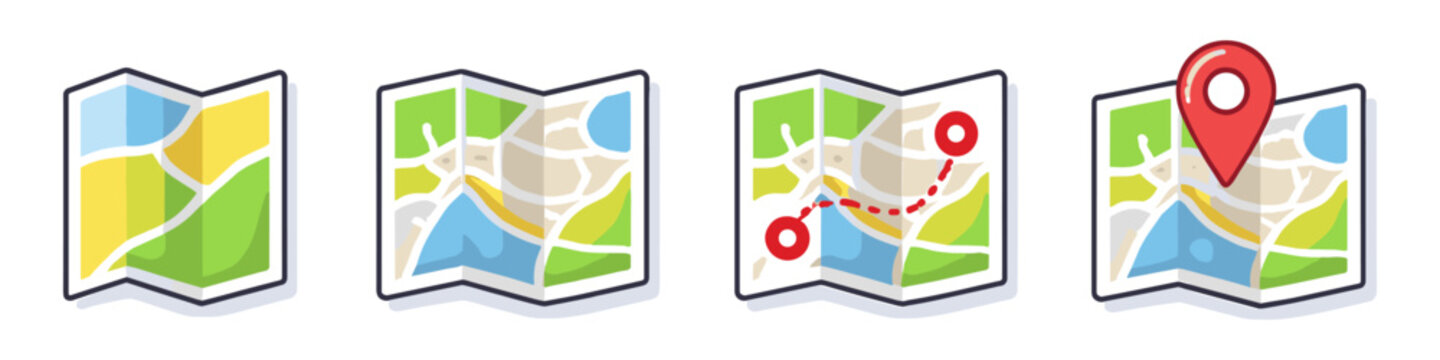 Set of four folded paper maps showing different stages of navigation and location