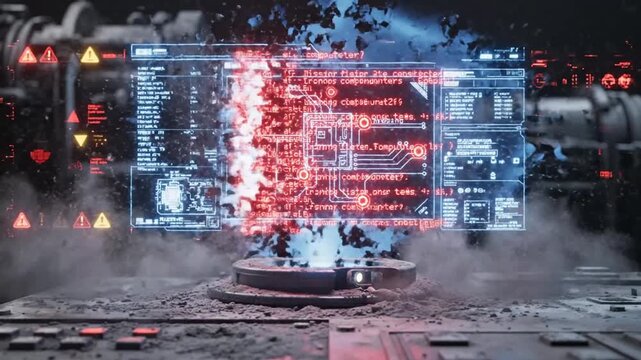 Futuristic control room with holographic display and machinery.