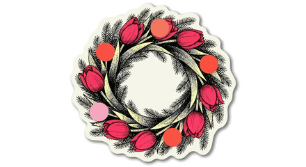 Floral wreath with tulips surrounding a circular frame viewed from directly above © John