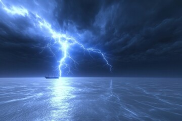 Dark storm clouds illuminate the ocean as lightning strikes a distant ship at night
