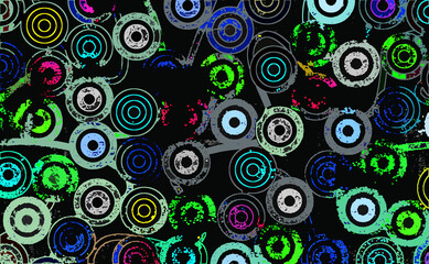 グランジでざらざらとした割れ、かすれや汚れのある質感の表面でカラーとモノクロの色の円が重なる形のオブジェクトがたくさん並ぶ模様の柄でデザインしたイラストの画像、装飾物、背景、壁紙、テクスチャのグラフィックの素材