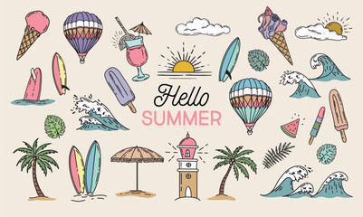 Hello Summer, set with air balloon, surfboard and wave, hand drawn illustration.	
