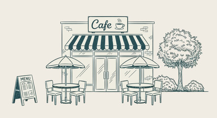 Illustration of a serene cafe scene with outdoor seating and trees