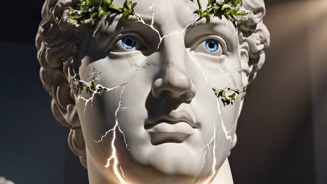 A close-up video of a marble statue with blue eyes