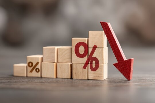 Declining Interest Rate Chart with Red Arrow Pointing Downwards on Wooden Percentage Blocks Showing Financial Downturn and Economic Recession