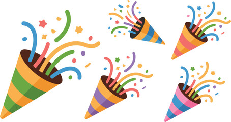 Obraz premium Vector icon party popper. Cartoon emoji of birthday confetti explosion. Simple minimal illustration isolated on white background, vector 10 eps.