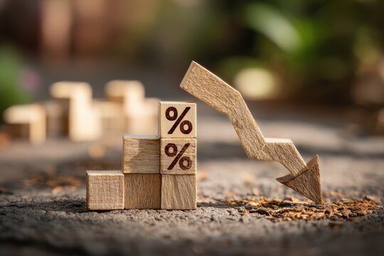 Wooden Arrow Pointing Down on Percentage Blocks Illustrating Declining Interest Rates and Economic Downturn with Blurred Background Outdoors