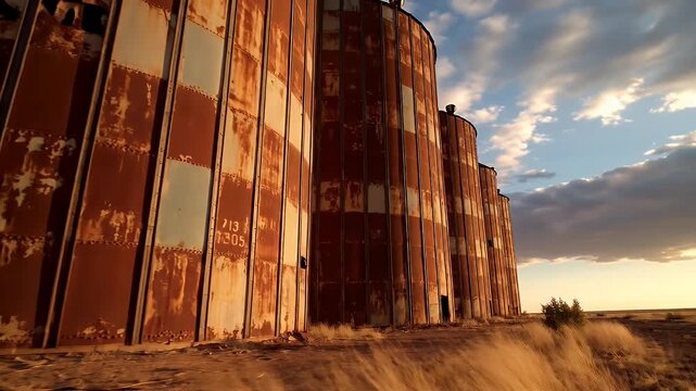 Row of rusty, decaying grain silos in a dry, grassy field under a cloudy sky