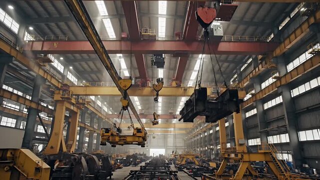 Interior view of a large industrial workshop with overhead cranes and machinery