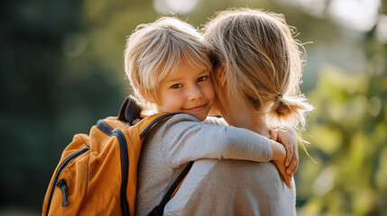 Fototapeta premium Child wearing backpack hugging parent on first day of school, emotional candid moment, early morning light, with copy space