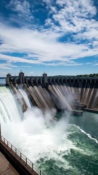 Massive Dam Releasing Water Under Blue Sky