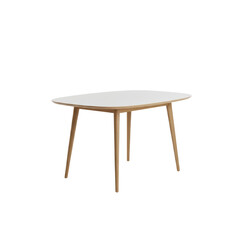 A high-end, scandinavian dining table with a matte white oval top and four tapered natural oak wood legs, isolated on a transparent background, emphasizing elegant minimalist aesthetic