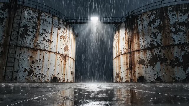 Rusted industrial tanks stand under a bright light amidst heavy rain
