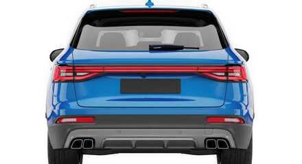 Modern blue suv car back view with tail lights on, isolated on transparent background