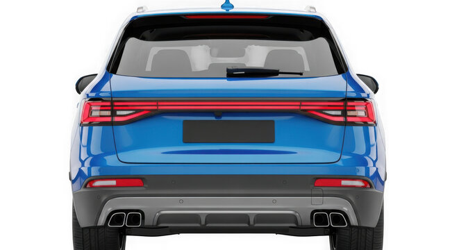 Modern blue suv car back view with tail lights on, isolated on transparent background