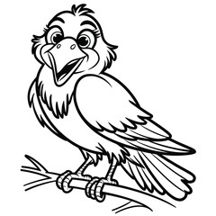 Obraz premium A cheerful cartoon bird perched on a simple branch with an open beak and bright eyes isolated on white background, Vector, illustration