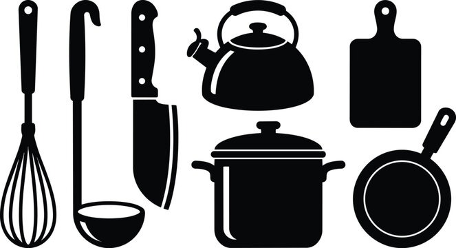 Flat design kitchen utensil set close up black silhouettes of whisk ladle cleaver kettle pot cutting board frying pan handle