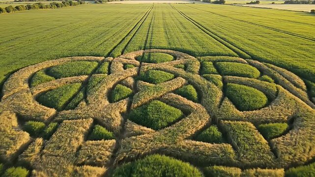 Intricate knot pattern formed in a vast sunlit green wheat field from an aerial view