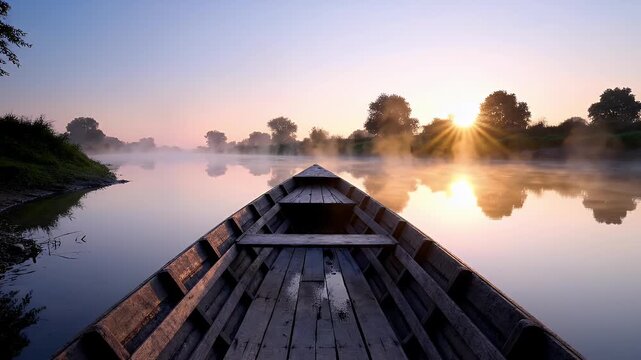 Sunrise paints the misted river, revealing a wooden boat's journey