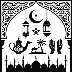 Elegant arabic motifs featuring lanterns, crescent moon, and desert elements in intricate black and white design isolated on white background, Vector, illustration